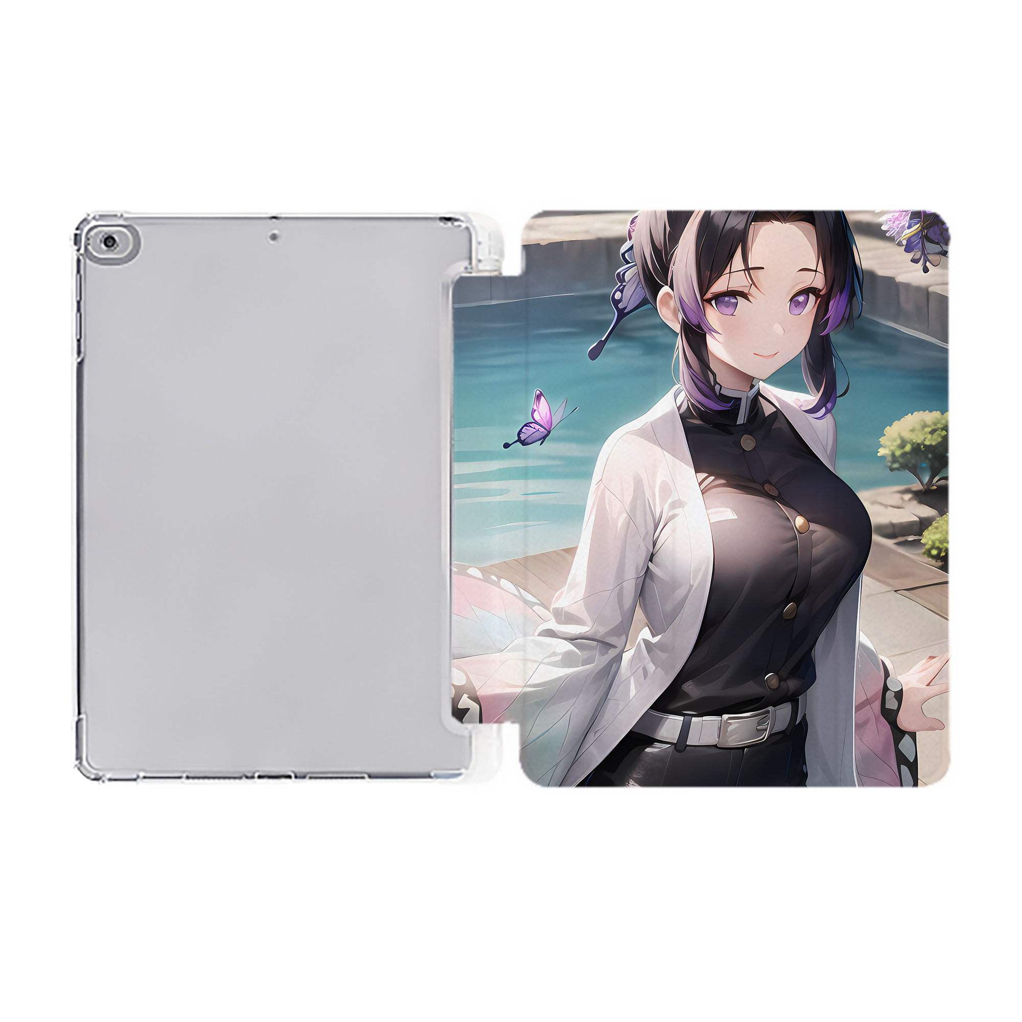 （画像用） 鬼滅の刃（きめつのやいば）蟲柱-胡蝶 しのぶ／こちょう しのぶ Kochou Shinobu IPad ケース ペン収納付き 三つ折りスタンド PUレザー×シリコン 対応機種9.5/10.5/10.9インチ